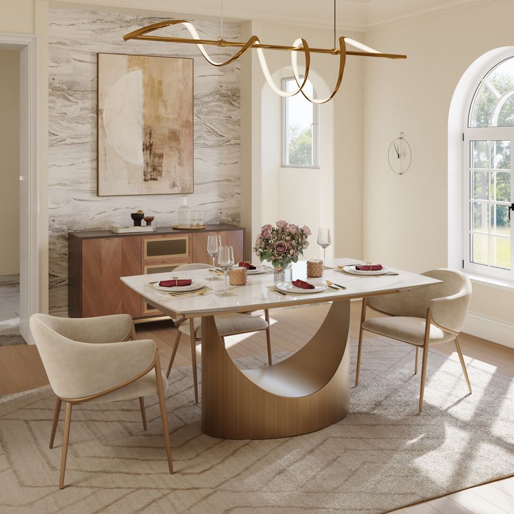 Modern White & Bronze Glossy Sintered Stone Dining Room Set