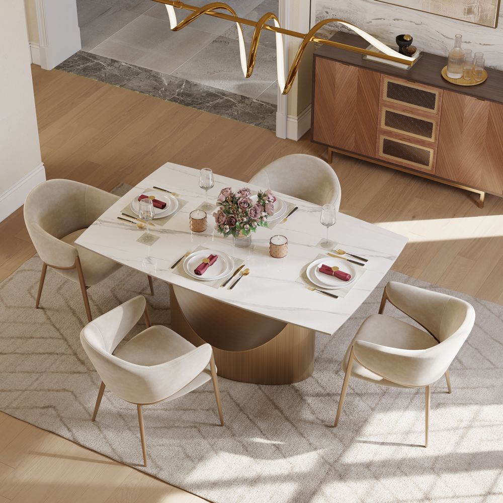 for 6 White & Bronze Glossy Sintered Stone Dining Room Set