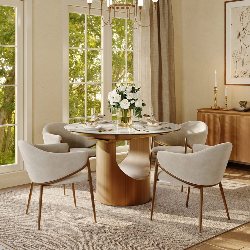 Seats 4 White Glossy Sintered Stone Dining Room Set