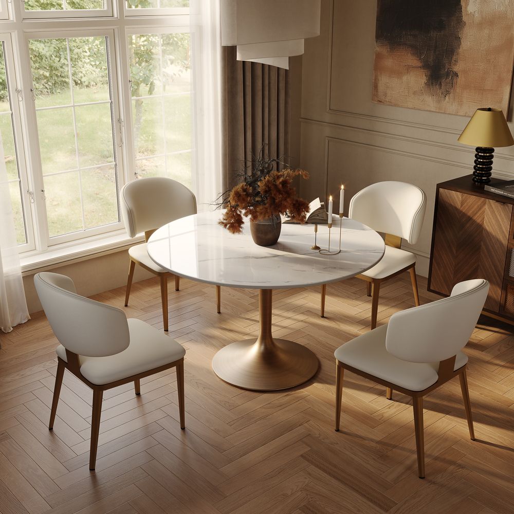 White & Bronze Glossy Sintered Stone Dining Room Set