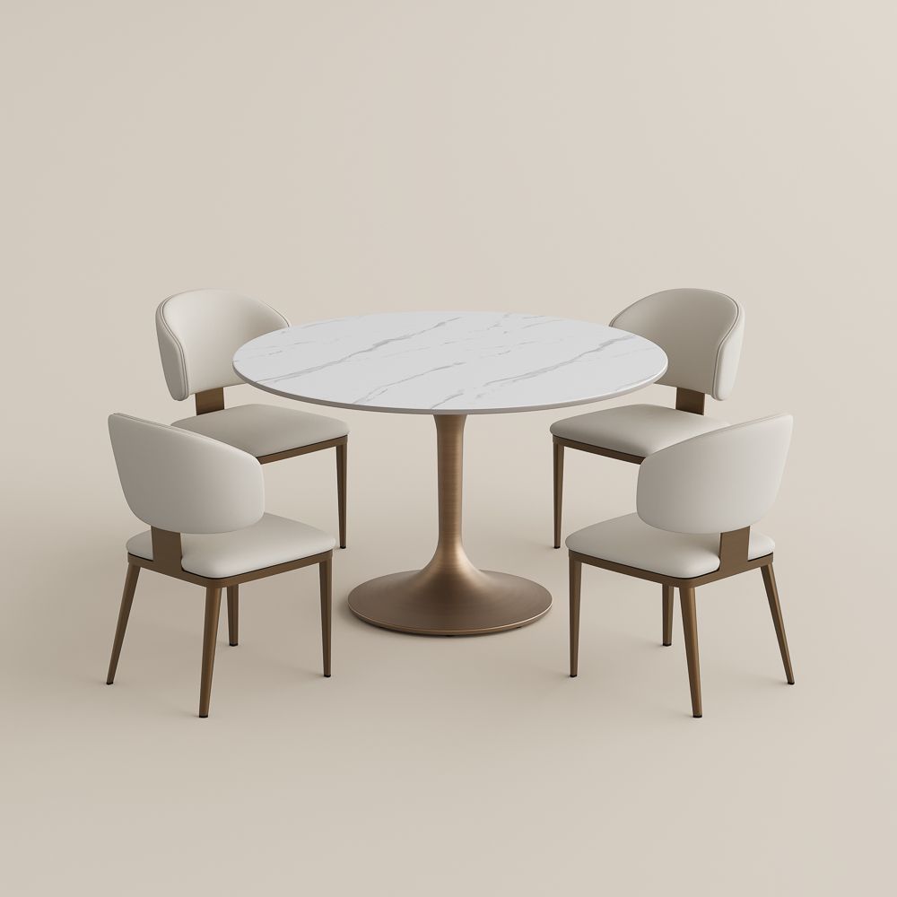 White & Bronze Glossy Sintered Stone Dining Room Set