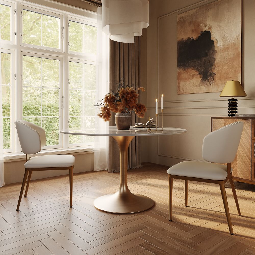 for 4 White & Bronze Glossy Sintered Stone Dining Room Set