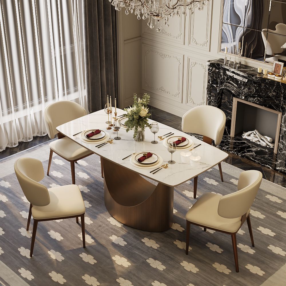 Modern Minimalist White & Bronze Matte Sintered Stone Dining Room Set