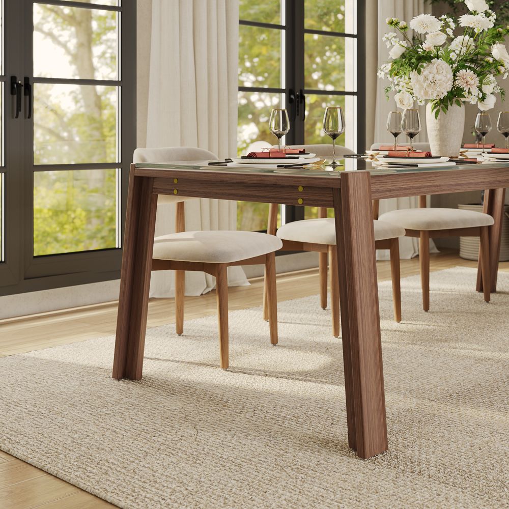 Partly Assemble Transparent & Walnut Glass Dining Tables