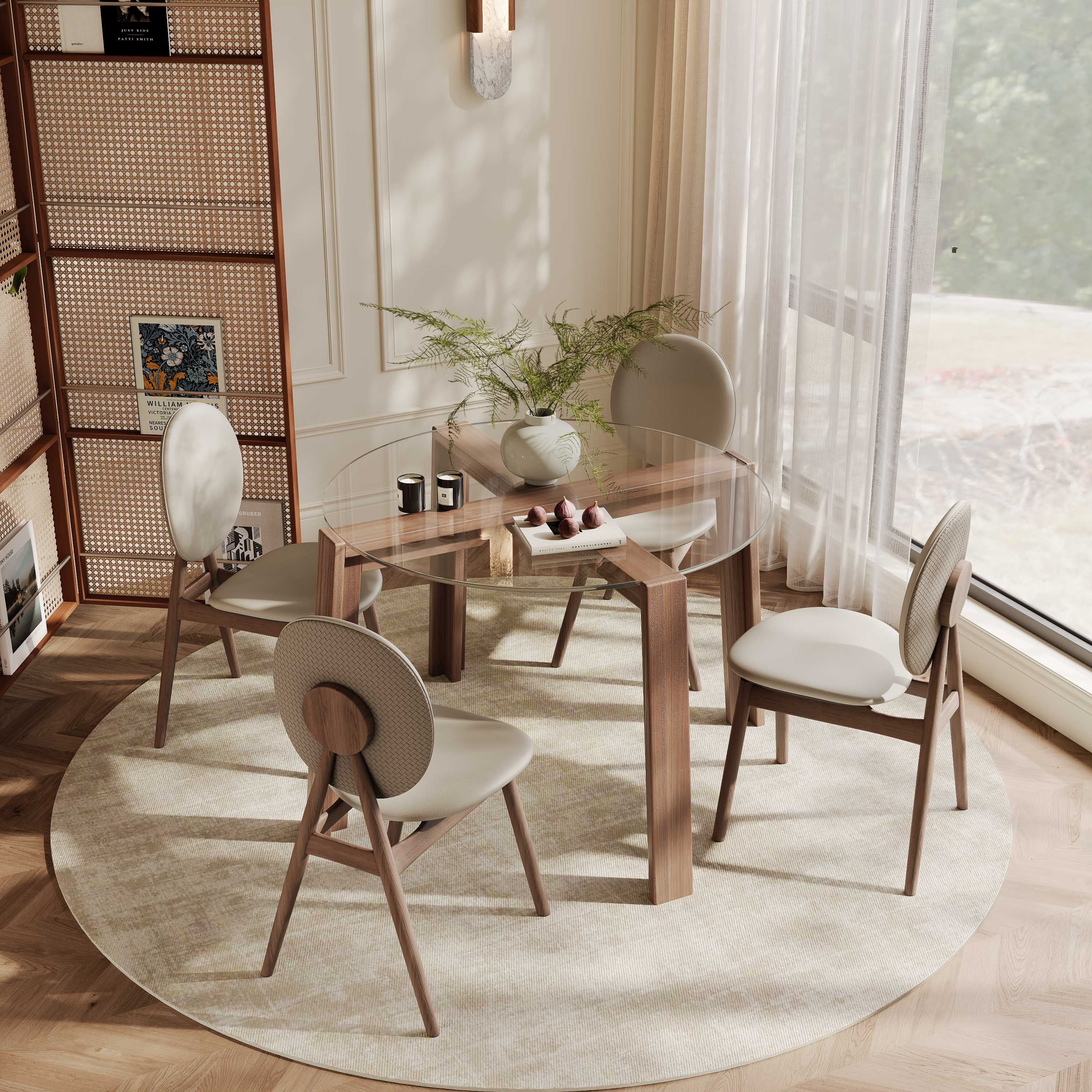 Round Transparent & Walnut Wood & Glass Dining Tables