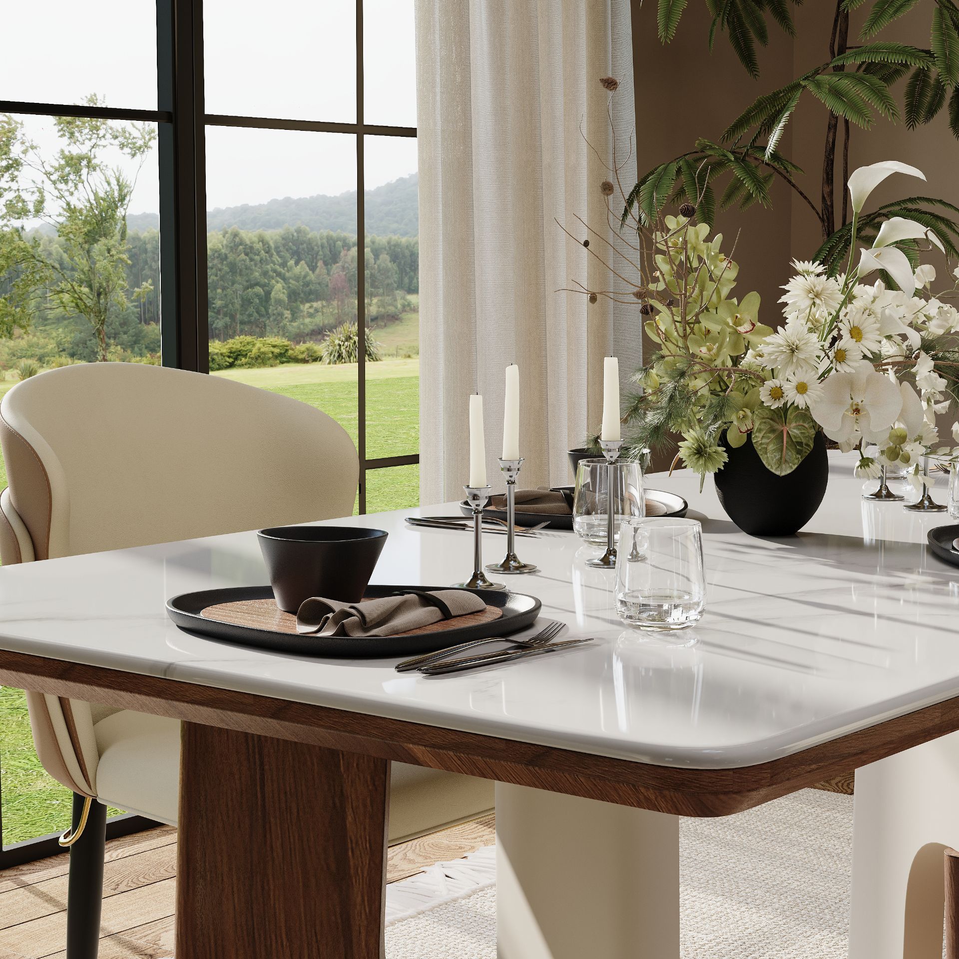 Rectangular White & Walnut mdf&stainless steel Dining Tables