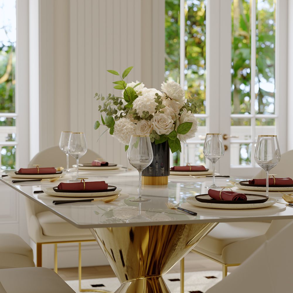 Base White&Gold Sintered Stone & Stainless Steel Dining Tables