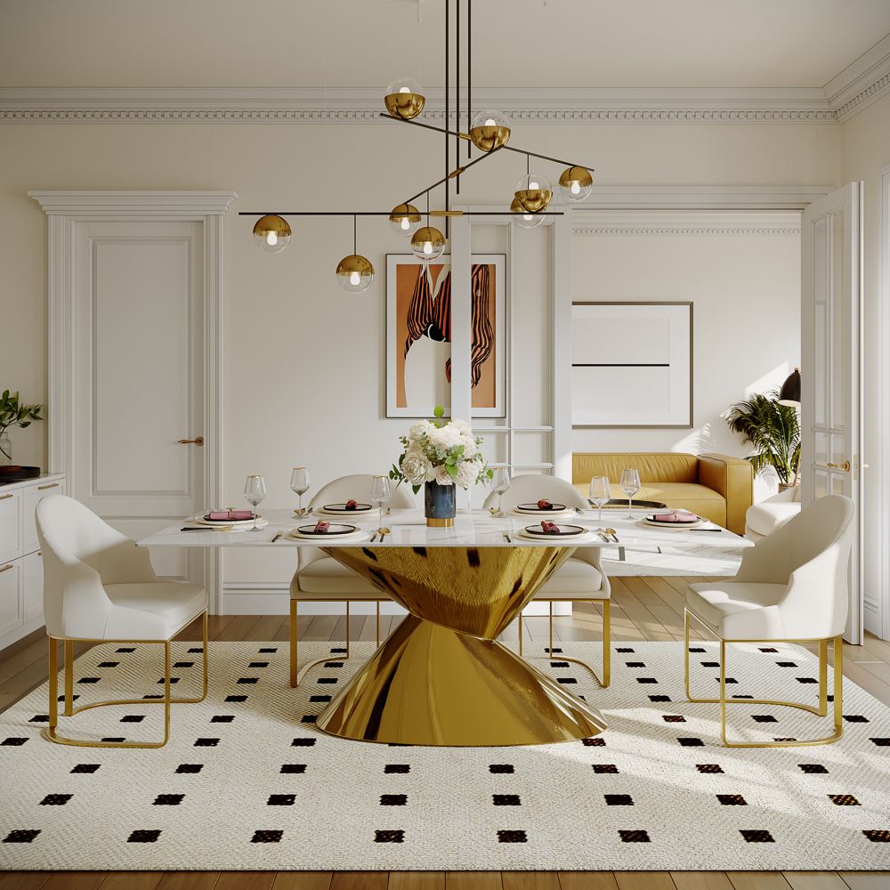 Base White&Gold Sintered Stone & Stainless Steel Dining Tables