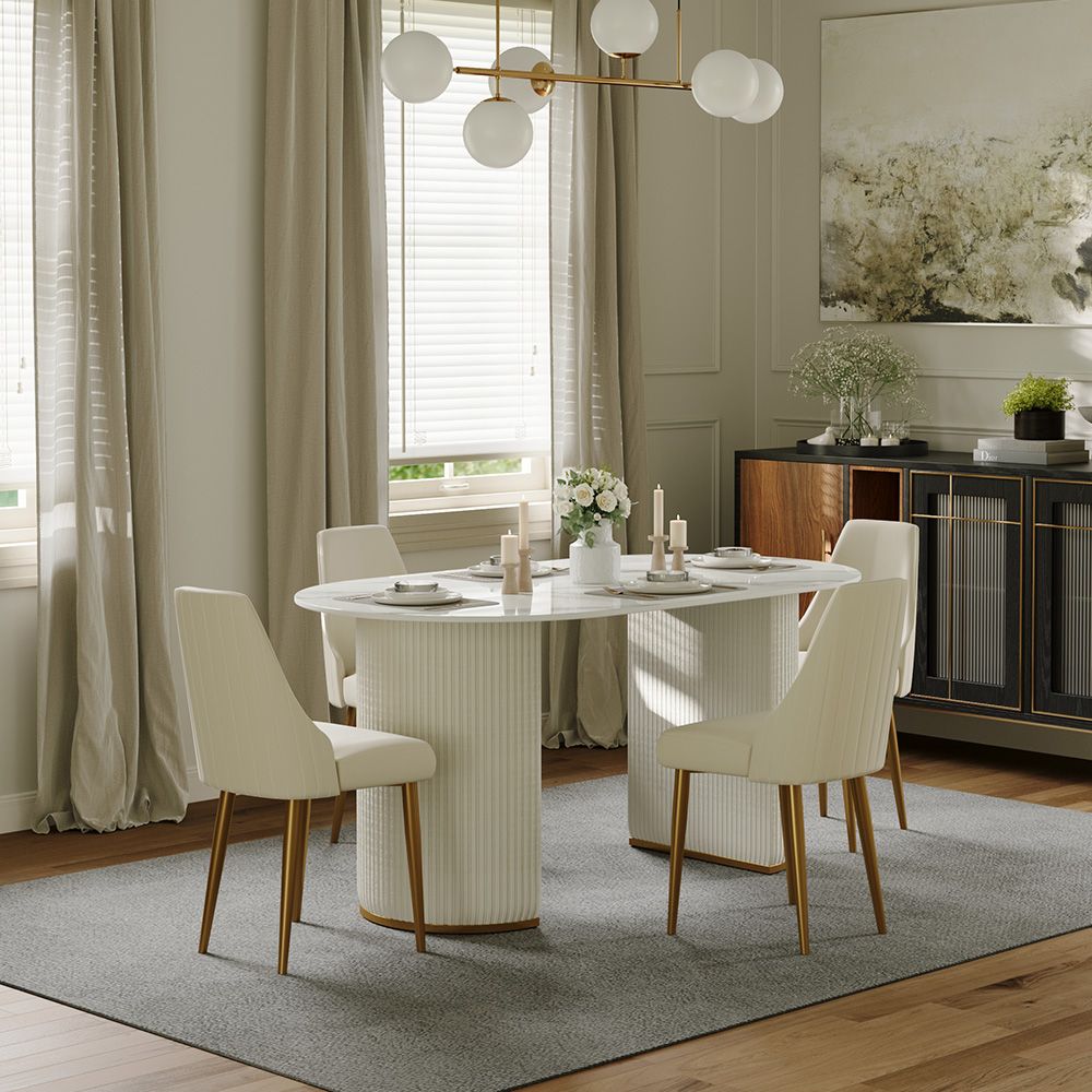 Double Pedestal White Glossy Sintered Stone Dining Tables