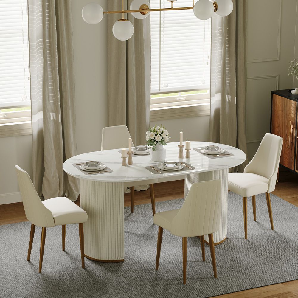Beige White Glossy Sintered Stone Dining Tables