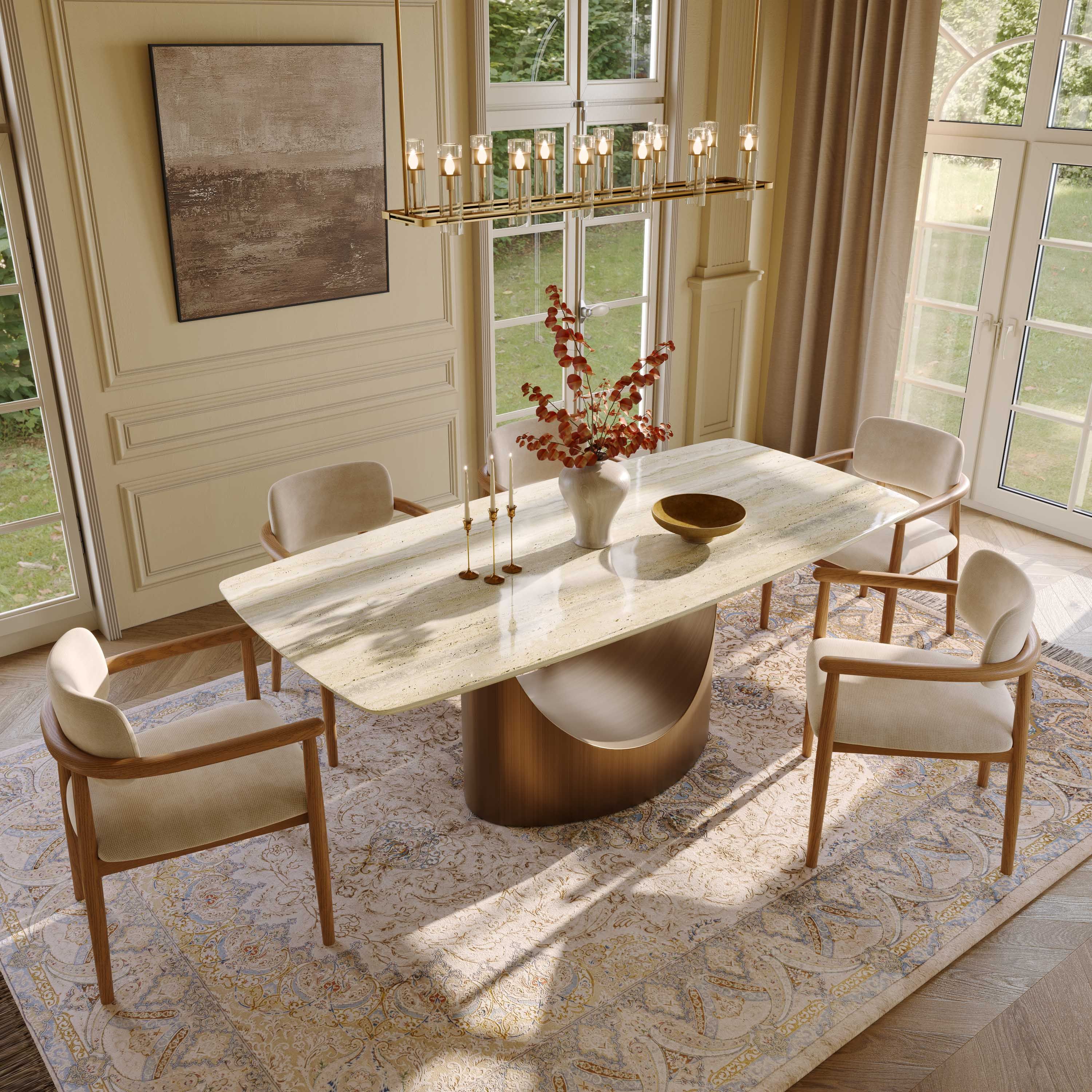 Cotton Linen Yellow Natural Marble Dining Room Set