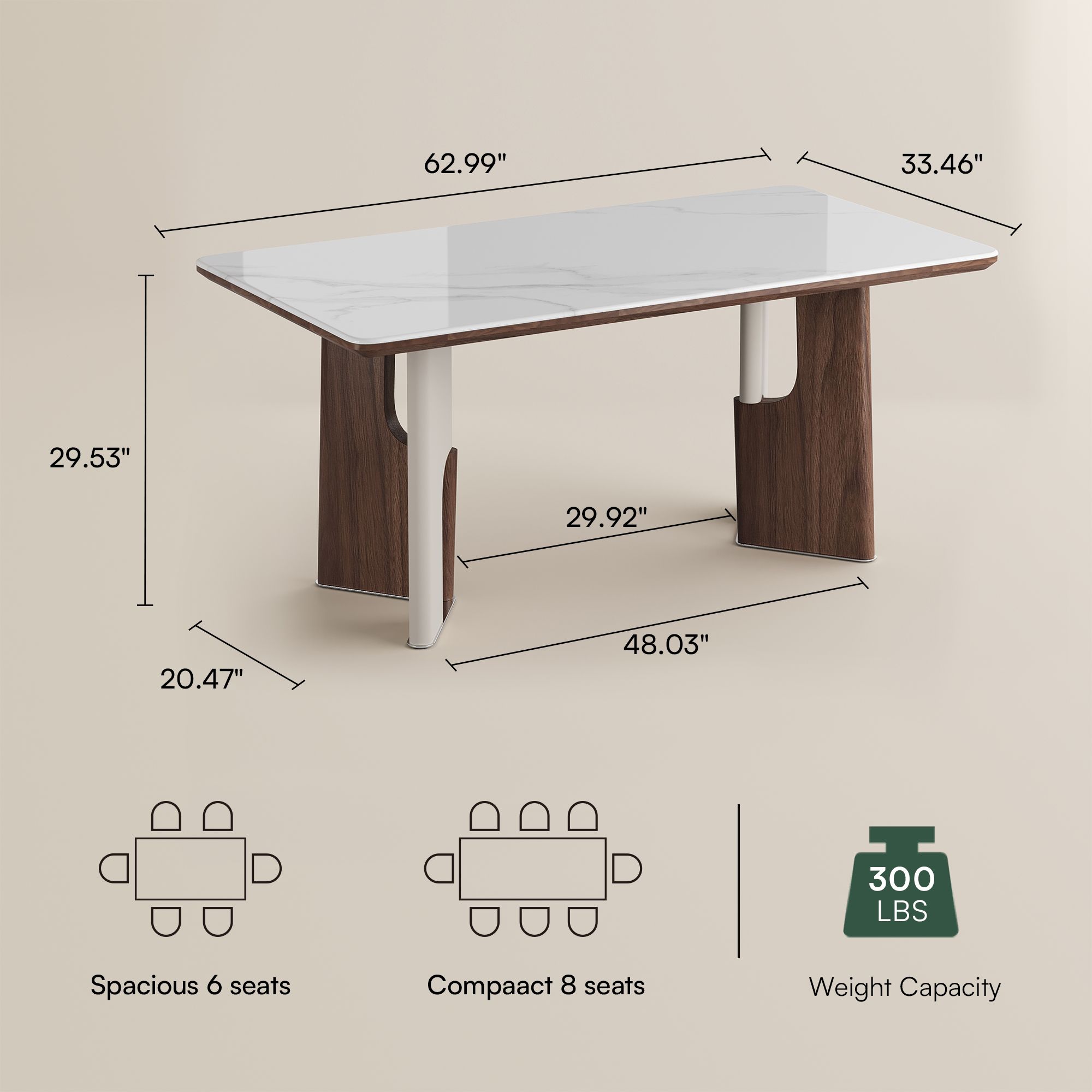Metal Base White & Walnut Engineered Stone Dining Tables