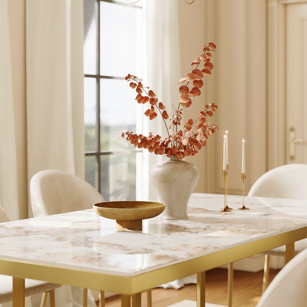 White & Golden Glossy Sintered Stone Dining Tables