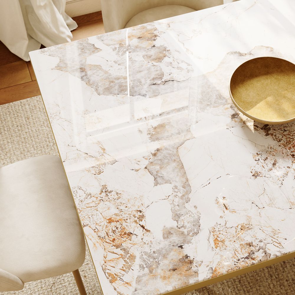 White & Golden Glossy Sintered Stone Dining Tables