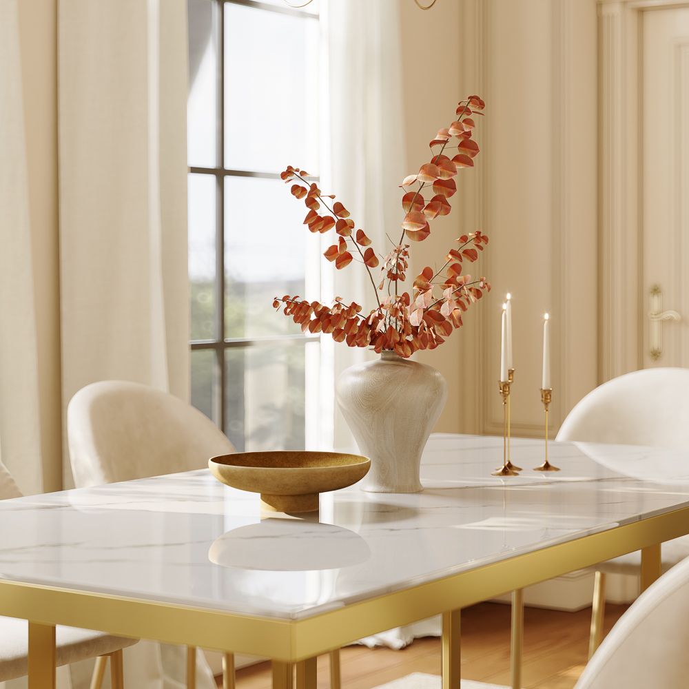 White & Golden Glossy Sintered Stone Dining Tables