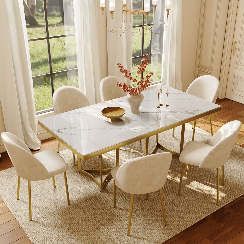 White & Golden Glossy Sintered Stone Dining Tables