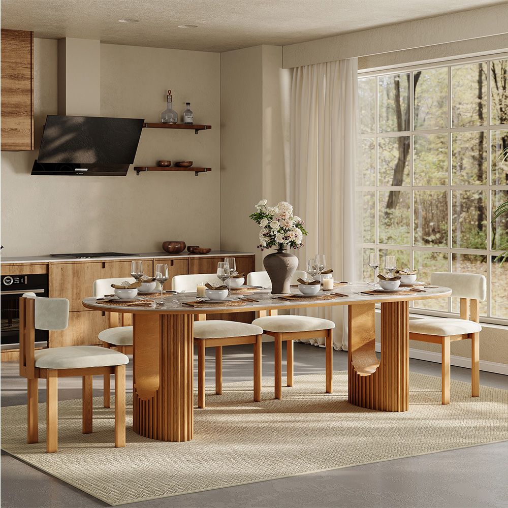 White Pandora & Walnut Glossy Sintered Stone & MDF Dining Tables