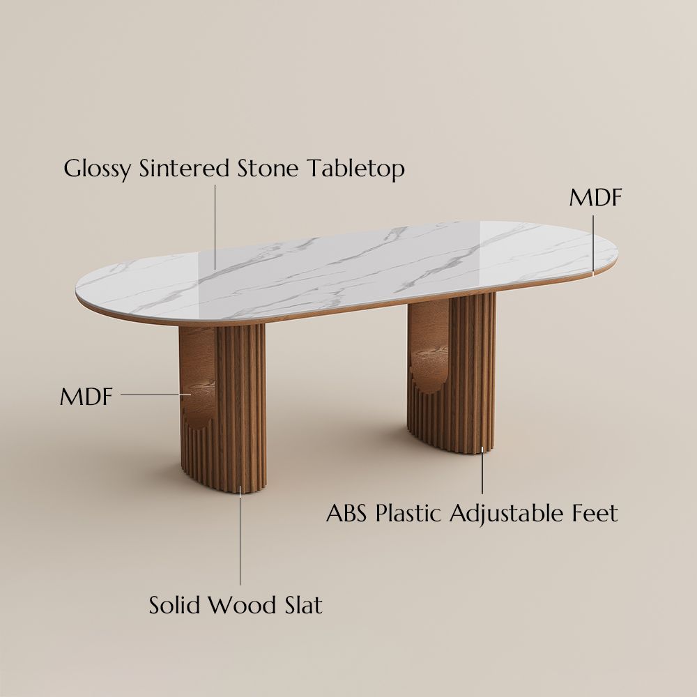 Double Pedestal White & Walnut Glossy Sintered Stone & MDF Dining Tables