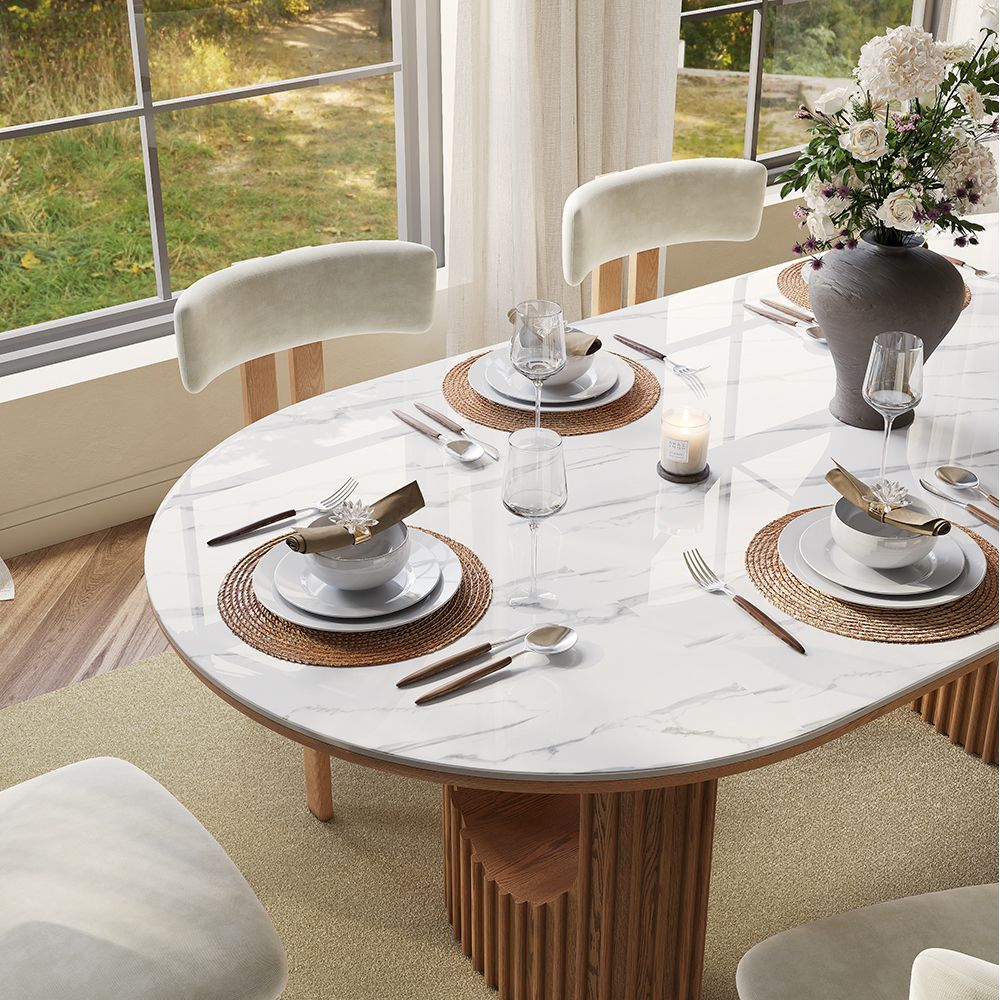 for 8 White Glossy Sintered Stone Dining Tables