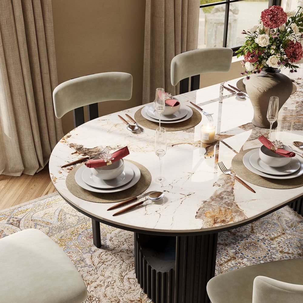 Oval Pandora Glossy Sintered Stone Dining Tables