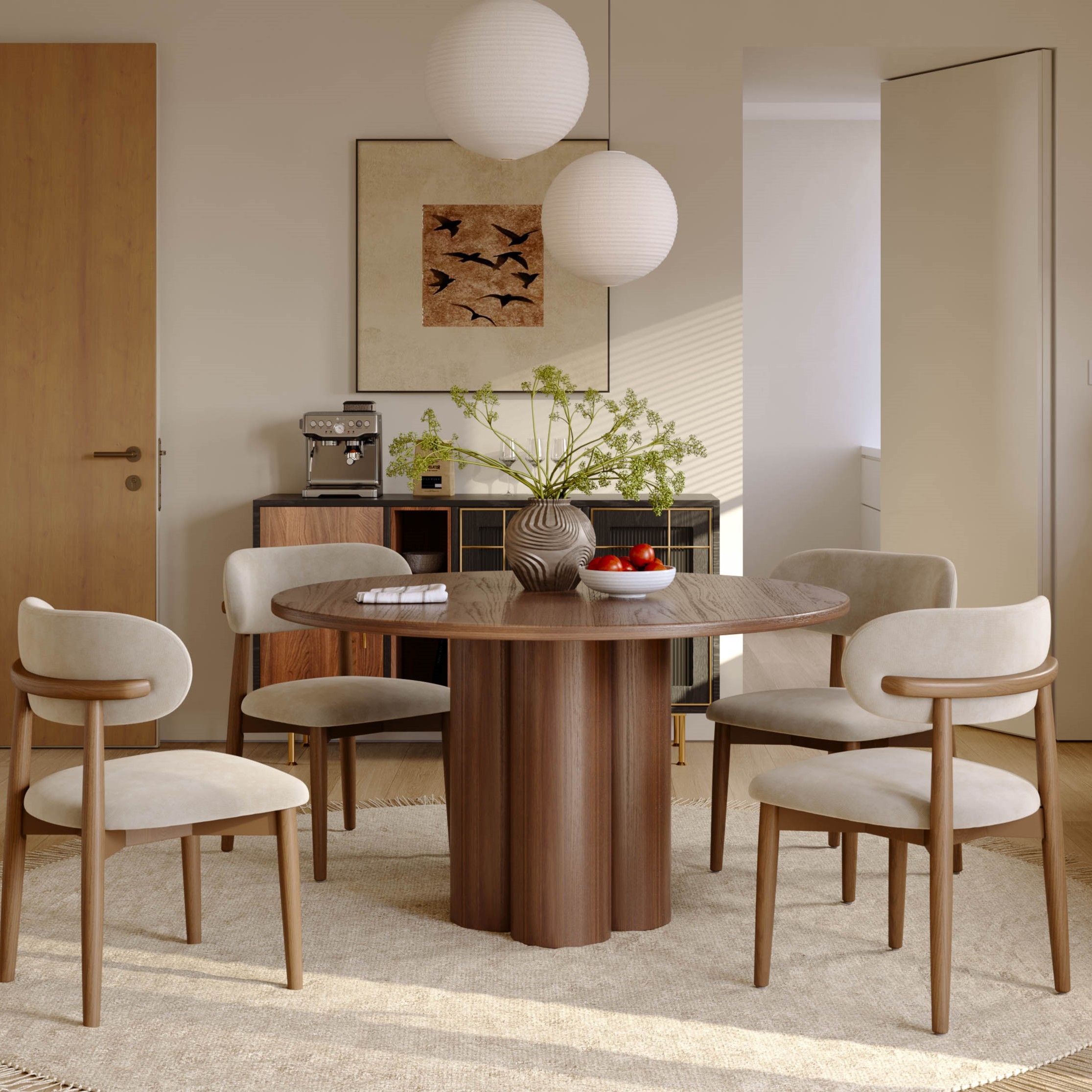 Seats 4 Walnut Color Oak Wood Veneer Dining Tables