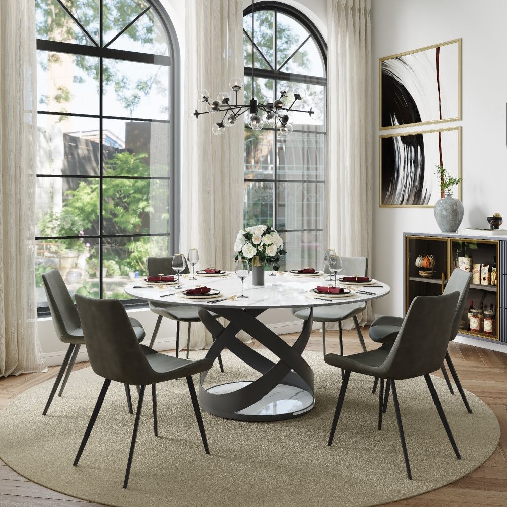 Carbon Steel White Glossy Sintered Stone Dining Tables