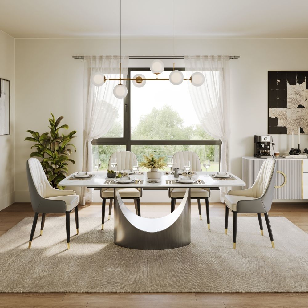 Pedestal Glossy White Sintered Stone Dining Tables