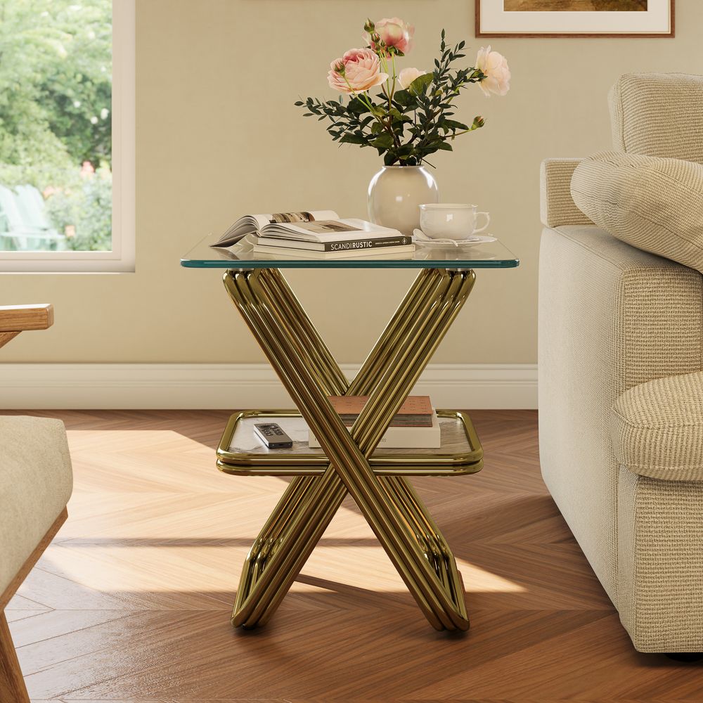 Sintered Stone Clear & Gold Tempered Glass End & Side Tables