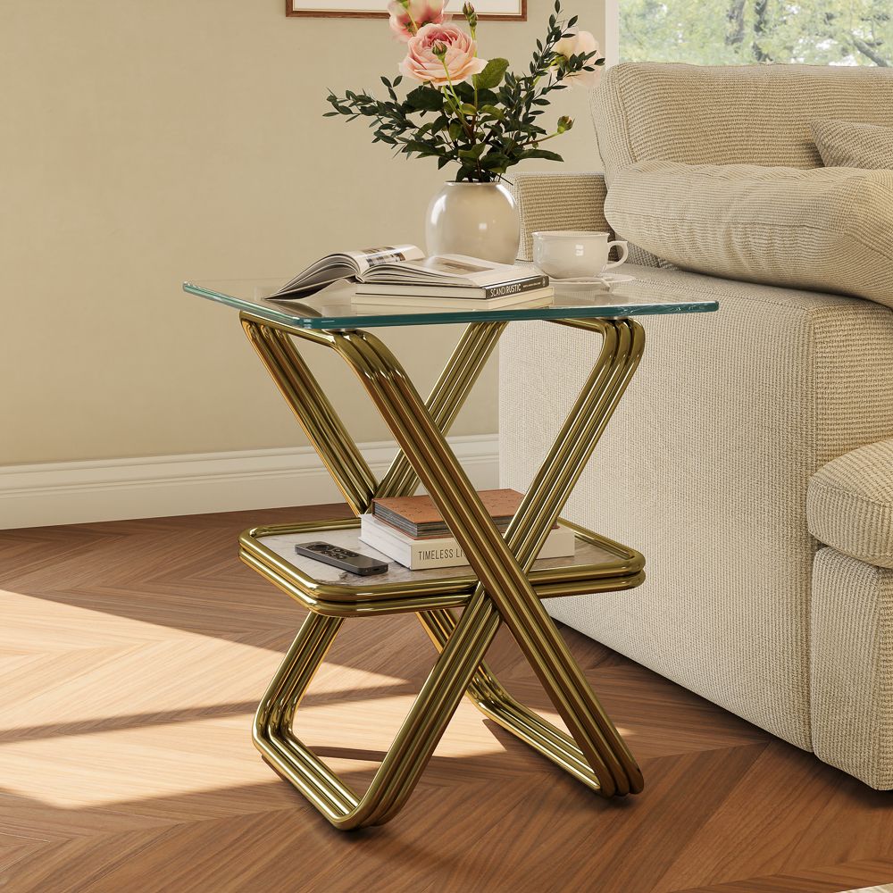 with Storage Clear & Gold Tempered Glass End & Side Tables