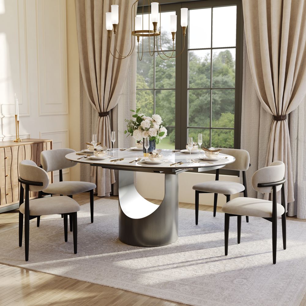 Seats 6 White Glossy Sintered Stone Extendable Dining Tables