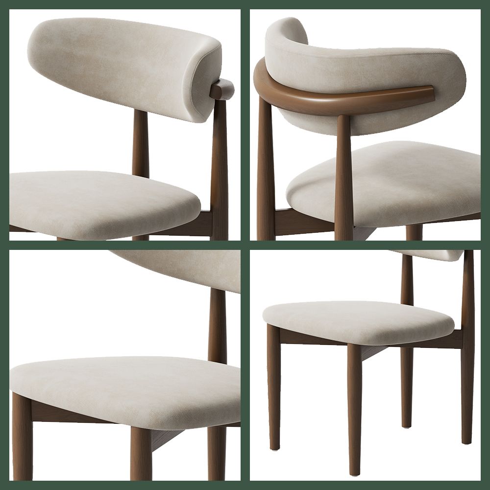 Mid Century Modern Beige & Walnut Cotton Linen Dining Chairs
