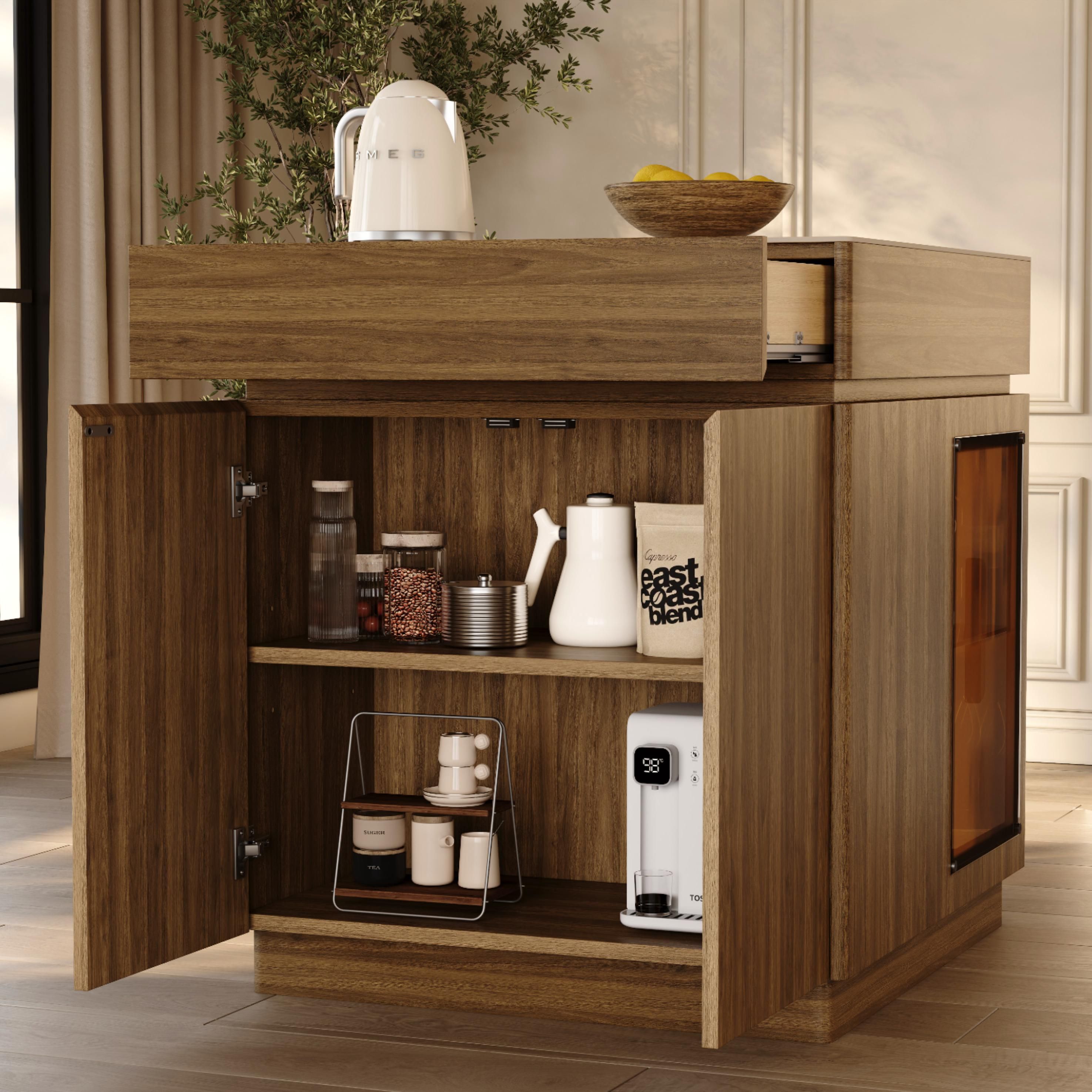 Beige Travertine & Walnut Kitchen Island