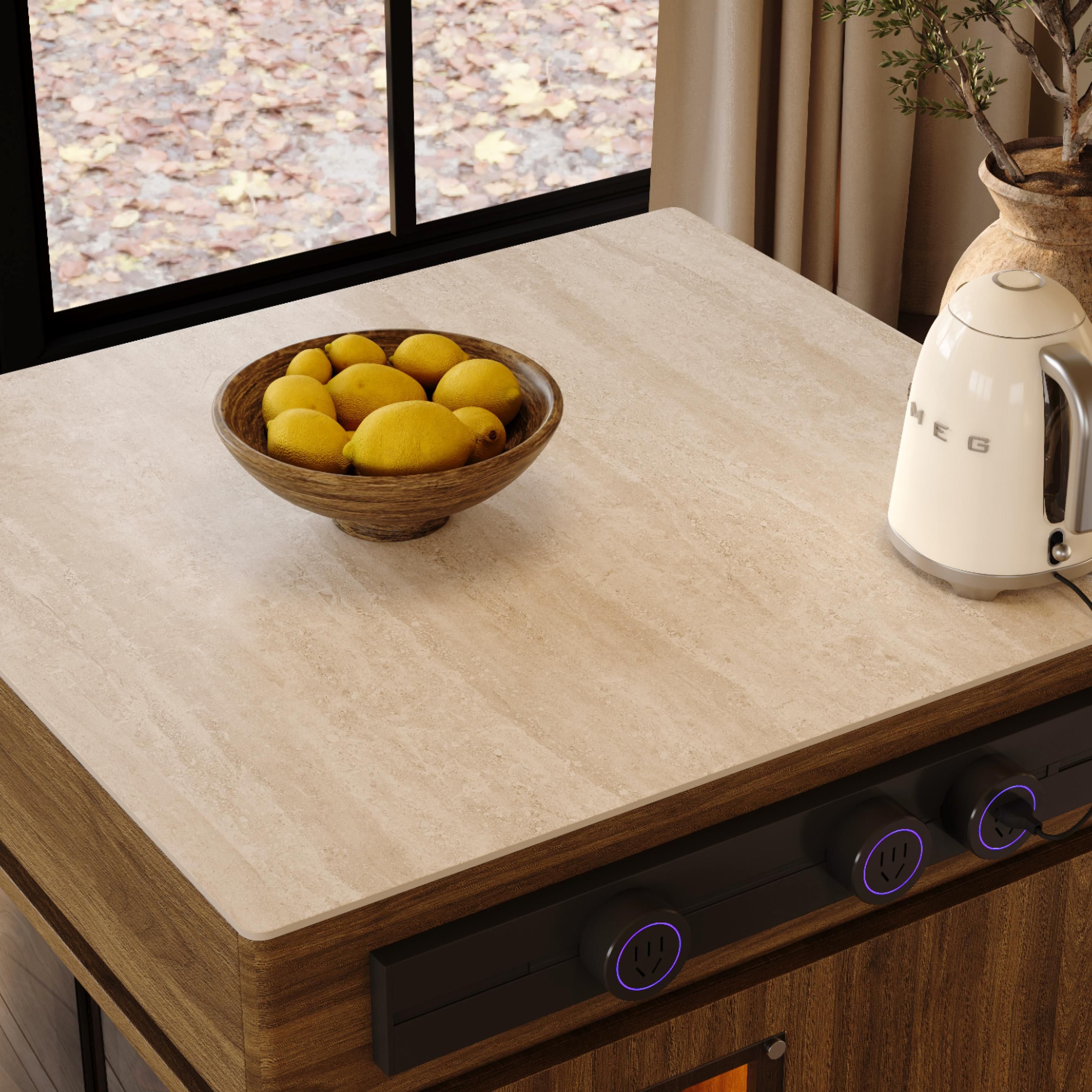 Mid Century Travertine & Walnut Kitchen Island