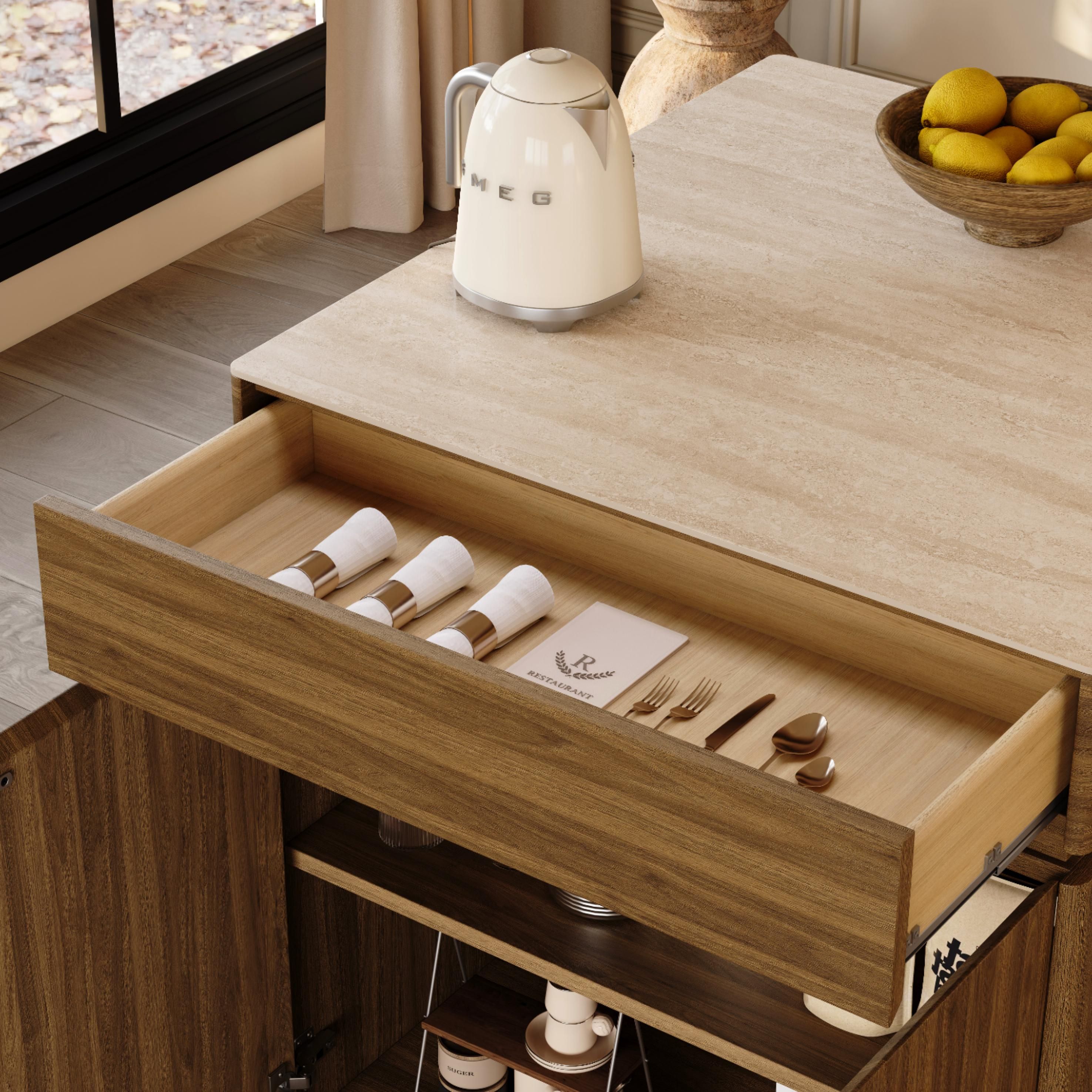 Beige Travertine & Walnut Kitchen Island