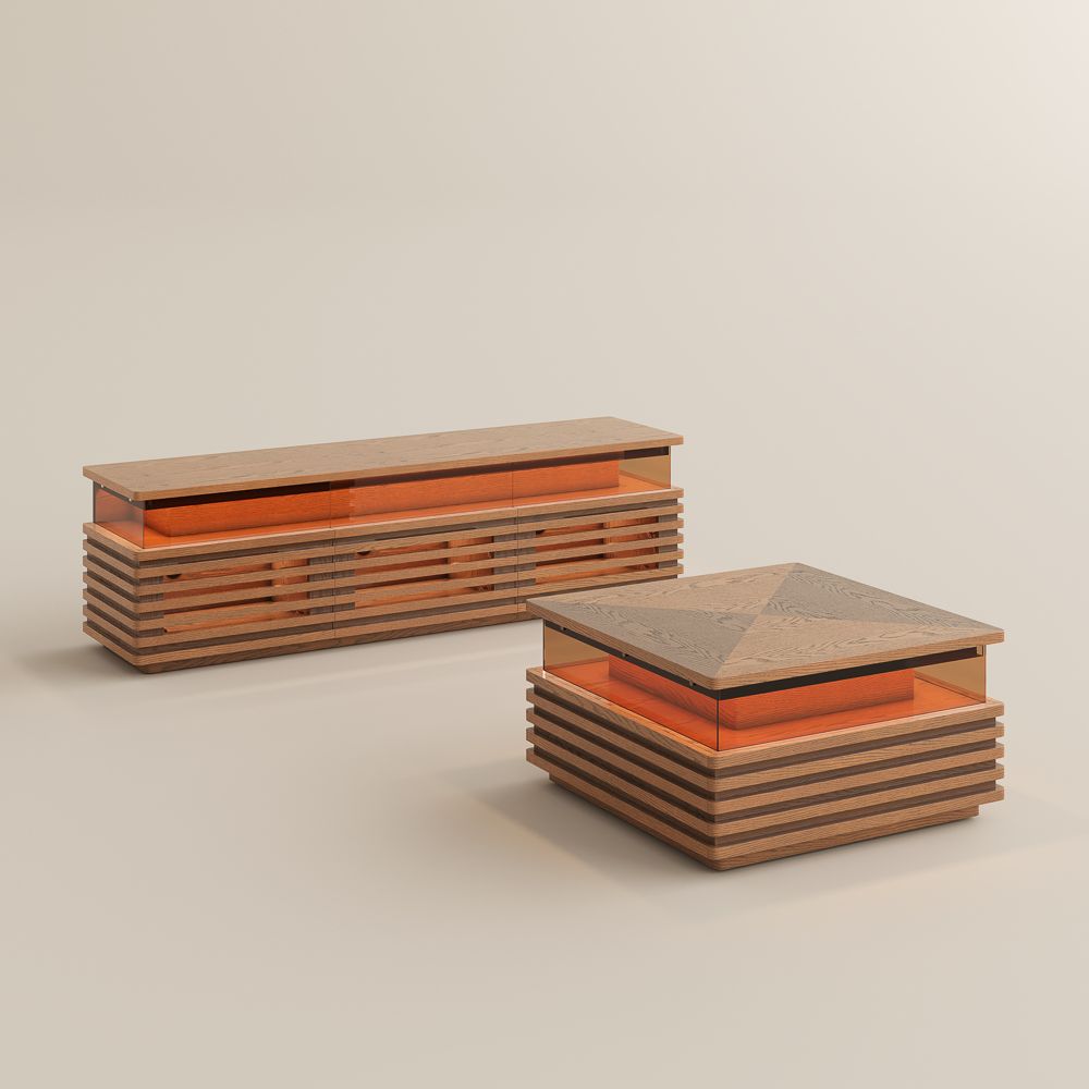 with LED Light Walnut Engineered Wood Living Room Set