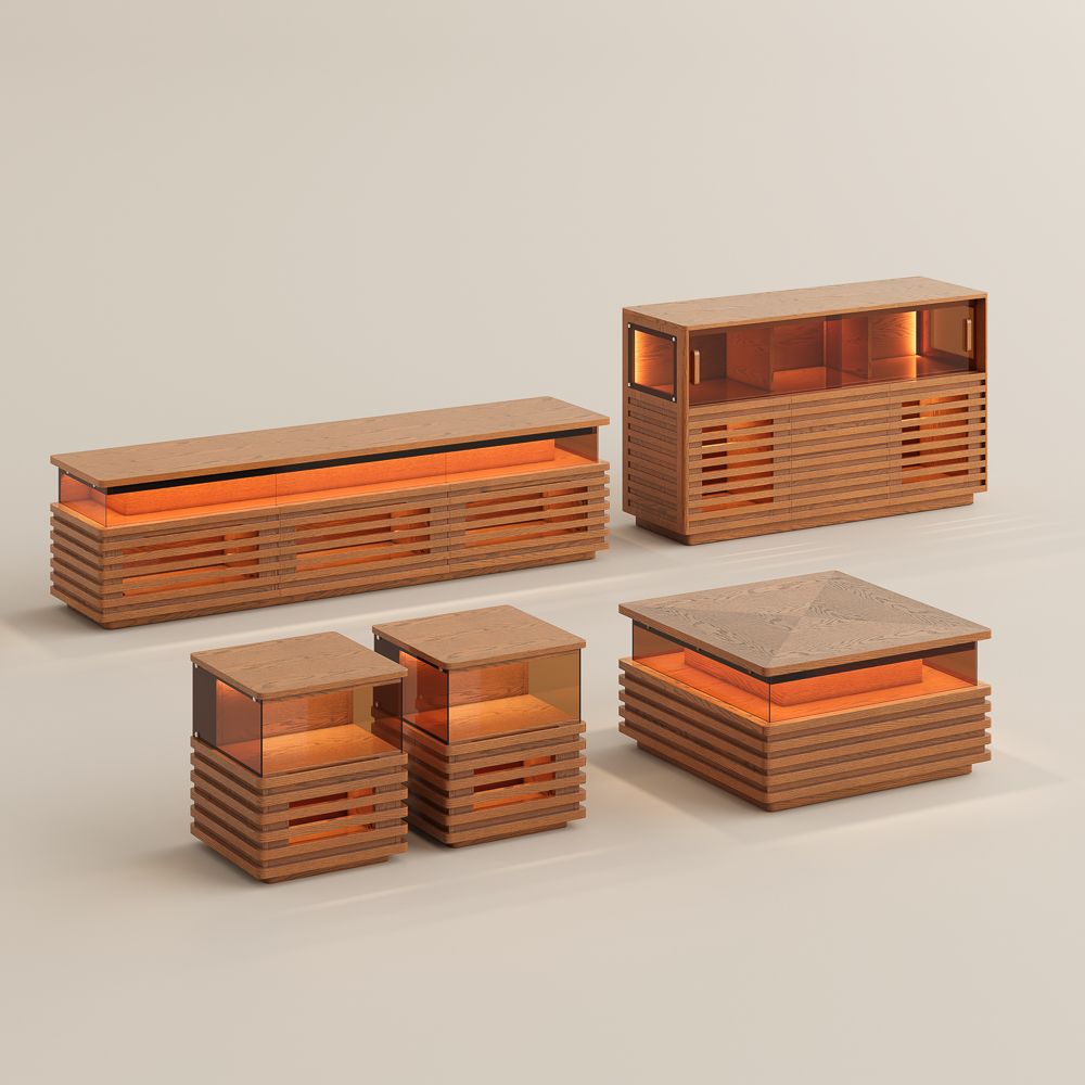 with LED Light Walnut Engineered Wood Living Room Set