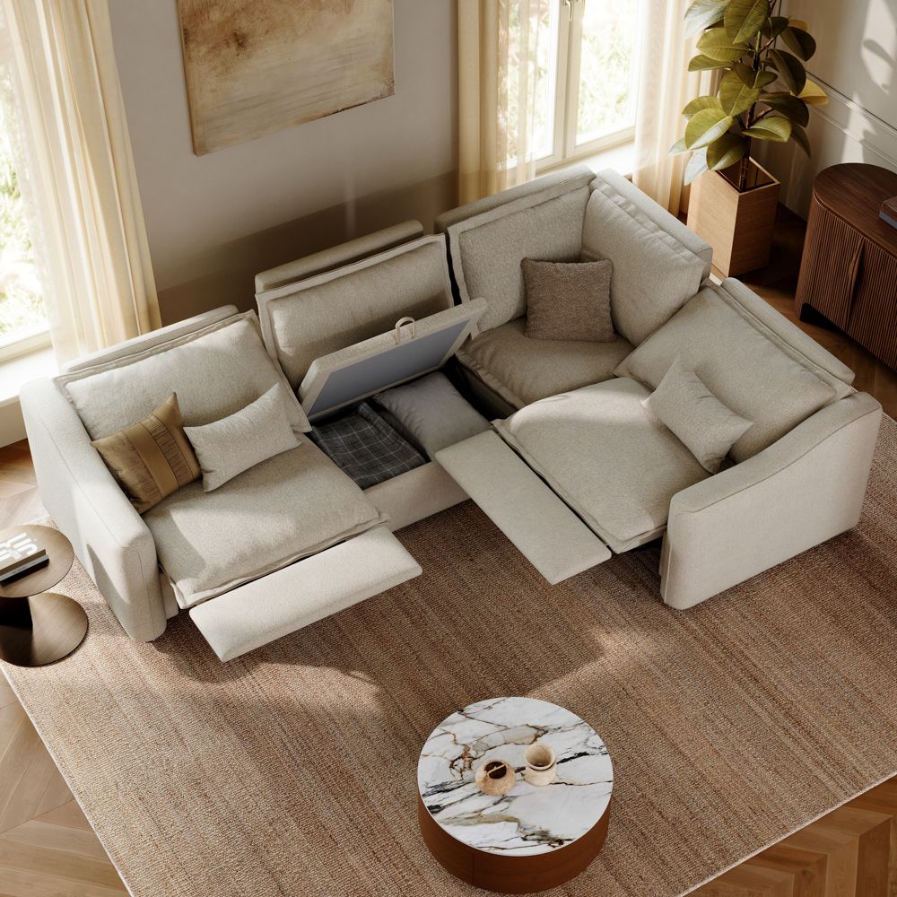 Power Outlet Beige Linen Modular Sofas