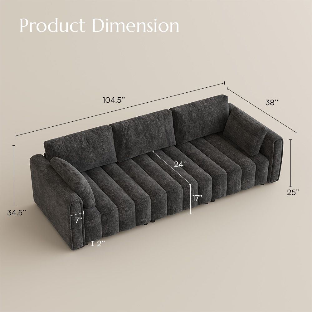 Straight Armrest Black Chenille Sofa Set