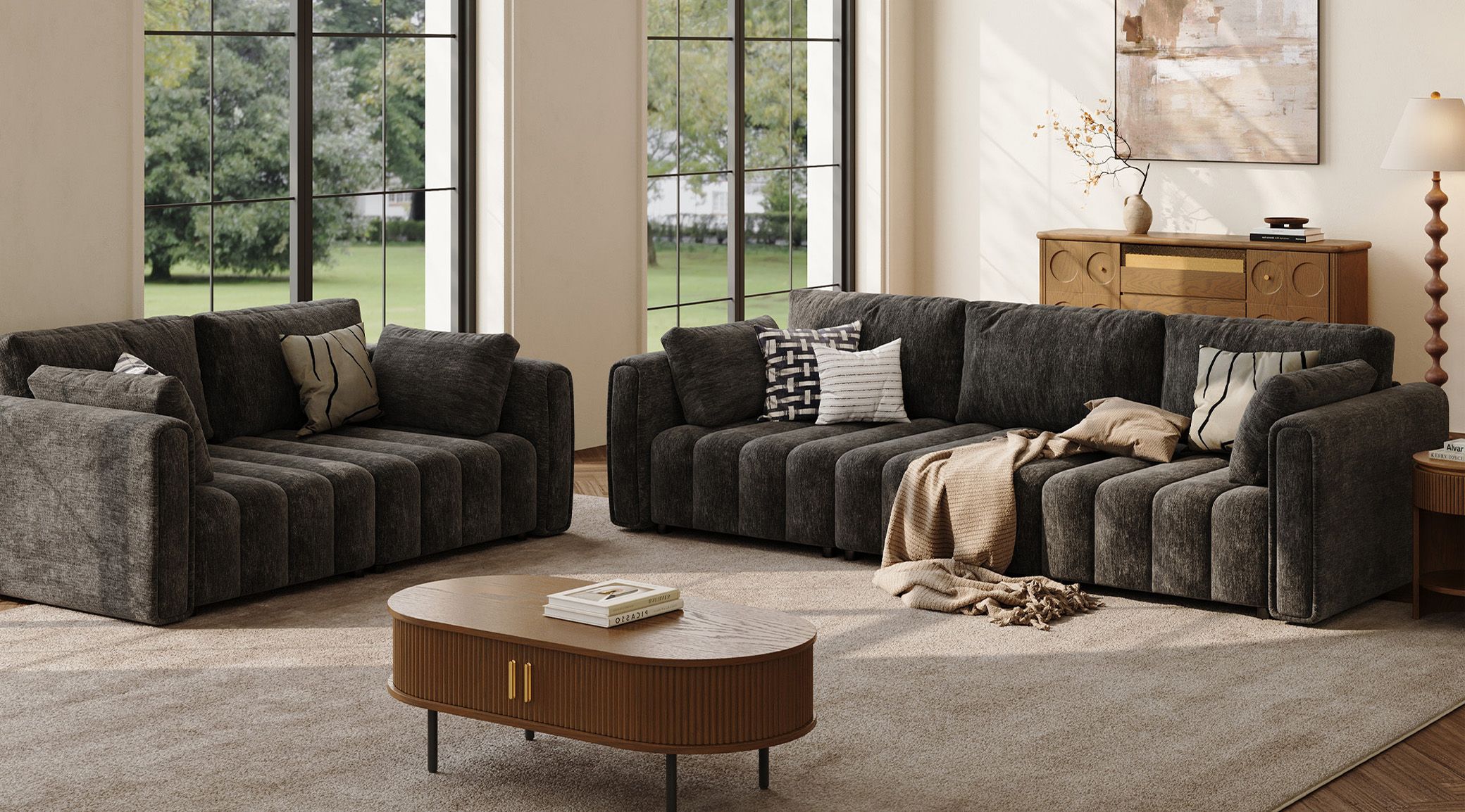 Retro Black Chenille Sofa