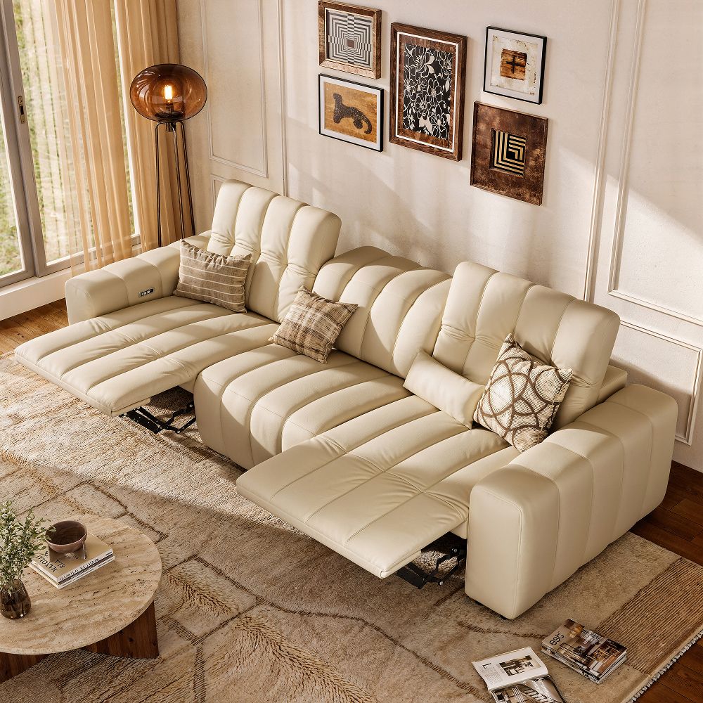 Beige Full-Grain Leather Modular Sofas