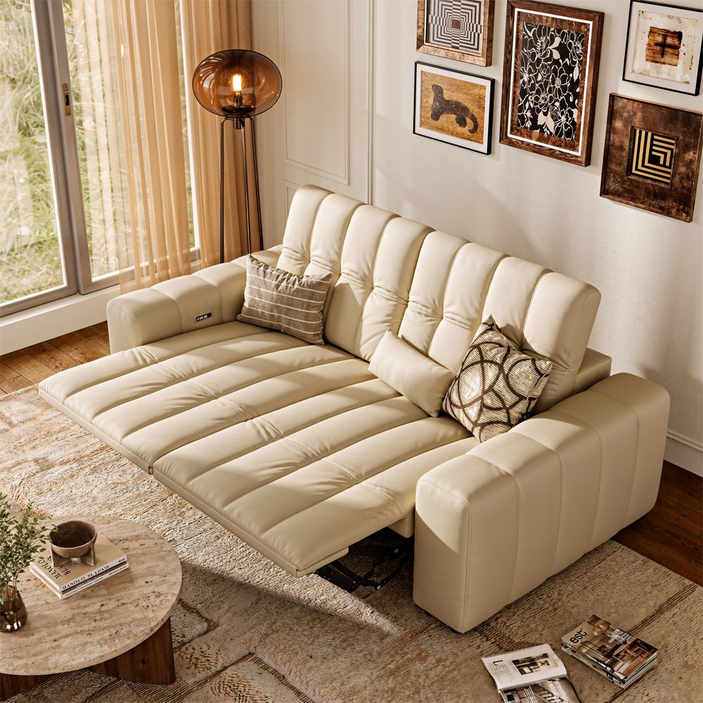 Extendable Beige Full-Grain Leather Modular Sofas