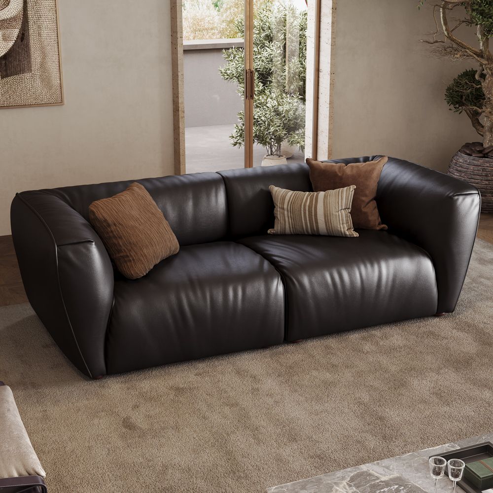 Curved Armrest Black Leather Modular Sofas