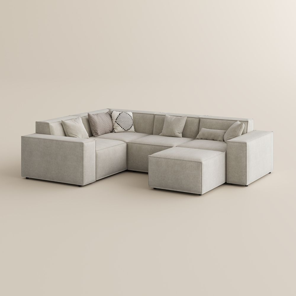 Square Armrest Beige Fabric Modular Sofas
