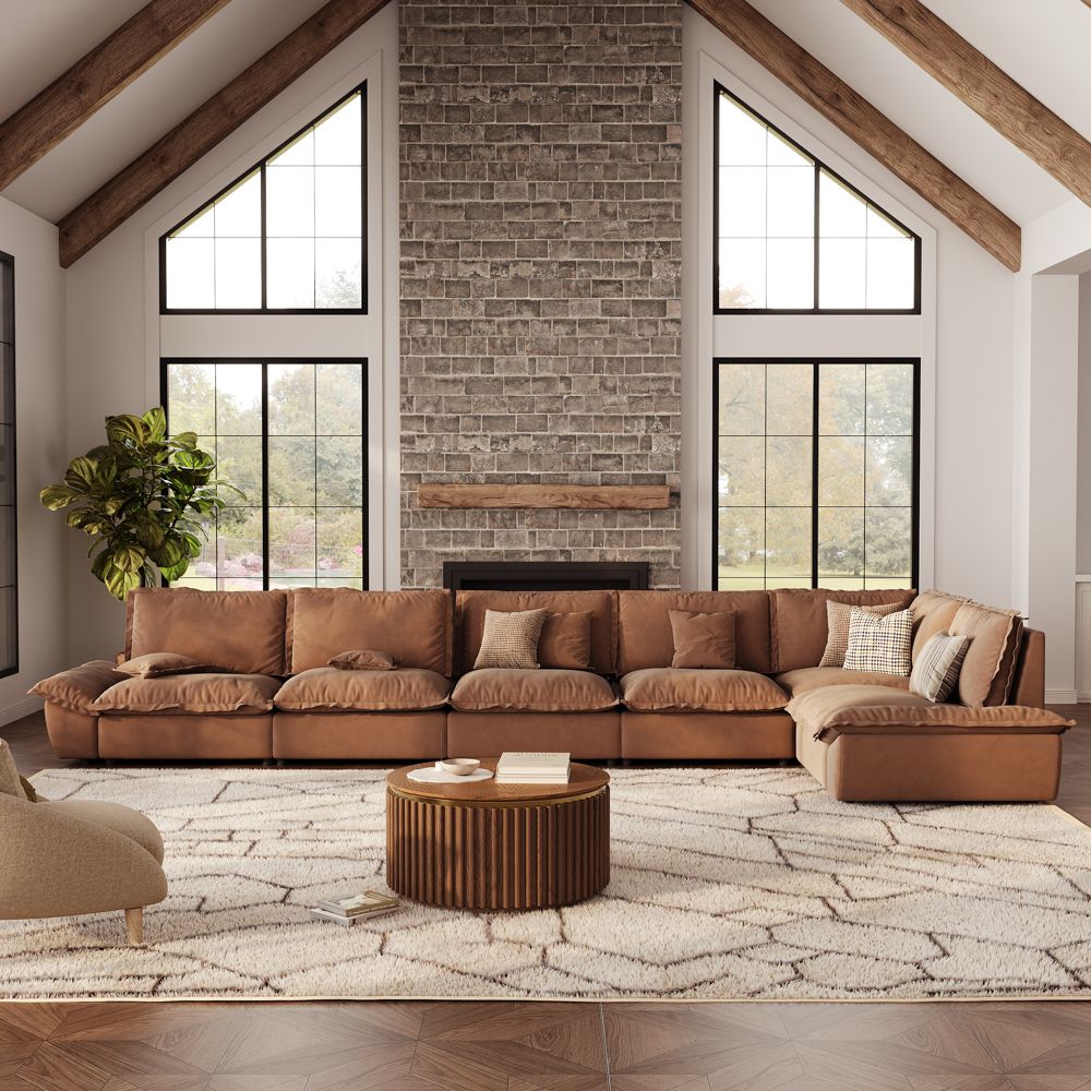 Living Room Brown Suede Fabric Modular Sofas