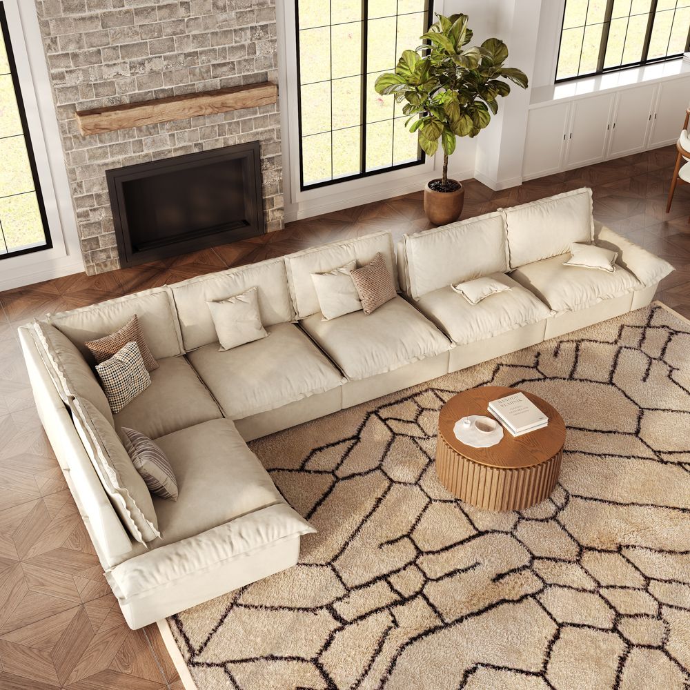 Beige Beige Suede Fabric Modular Sofas