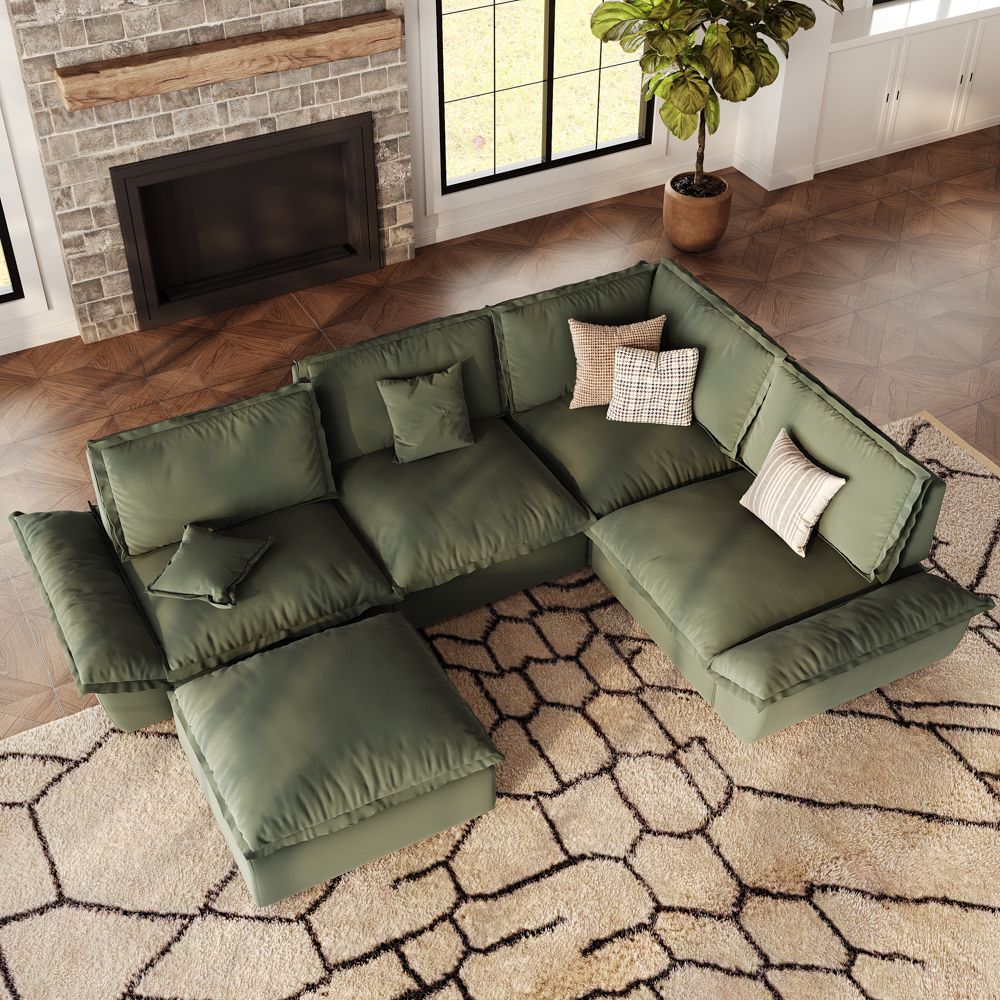 Deep Seat Green Suede Fabric Modular Sofas