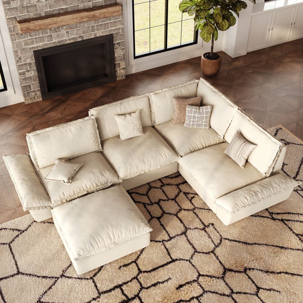 Pet Friendly Beige Suede Fabric Modular Sofas