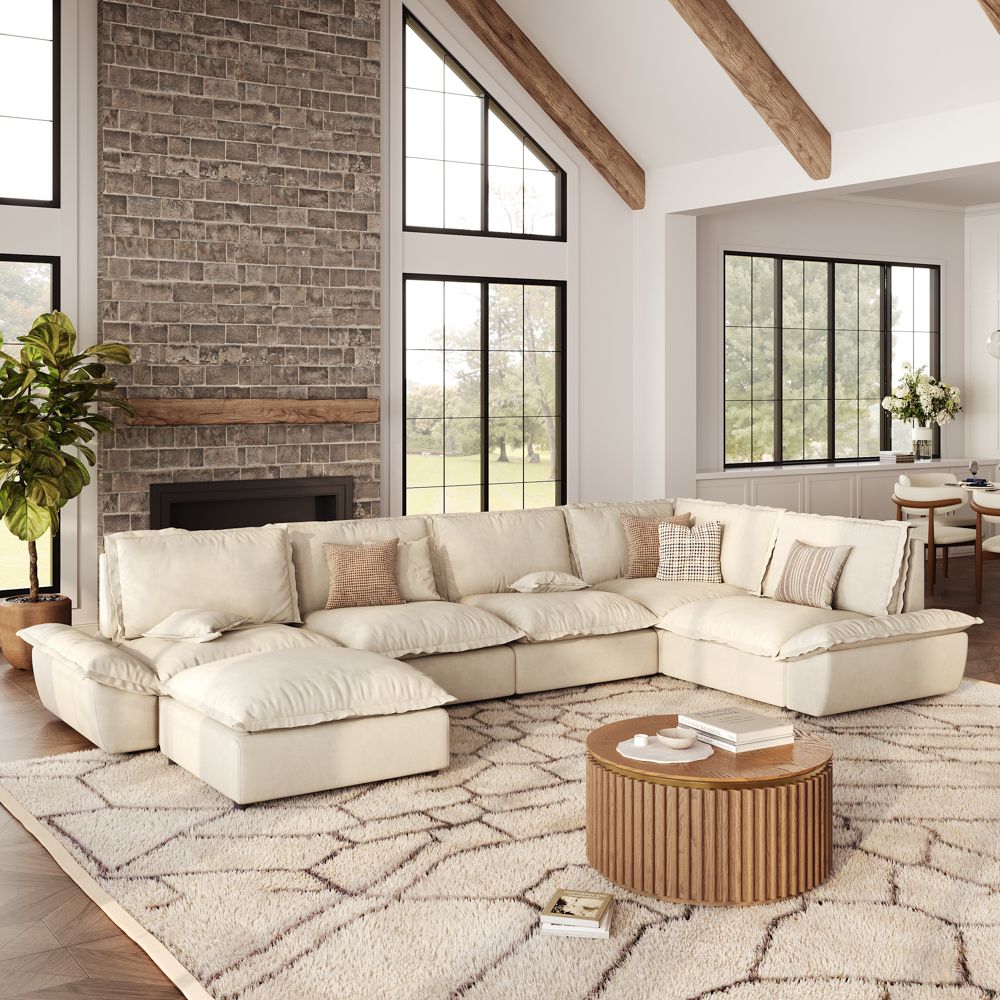 Living Room Beige Suede Fabric Modular Sofas