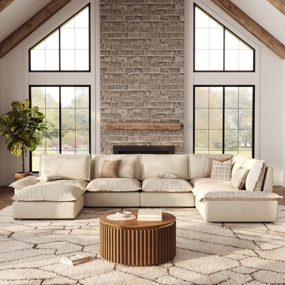 Living Room Beige Suede Fabric Modular Sofas