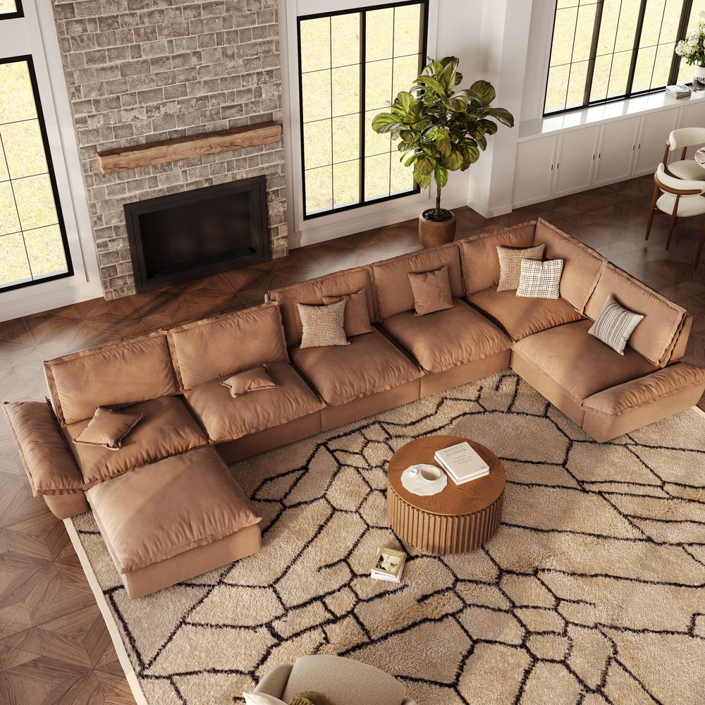 5 Seaters Brown Suede Fabric Modular Sofas